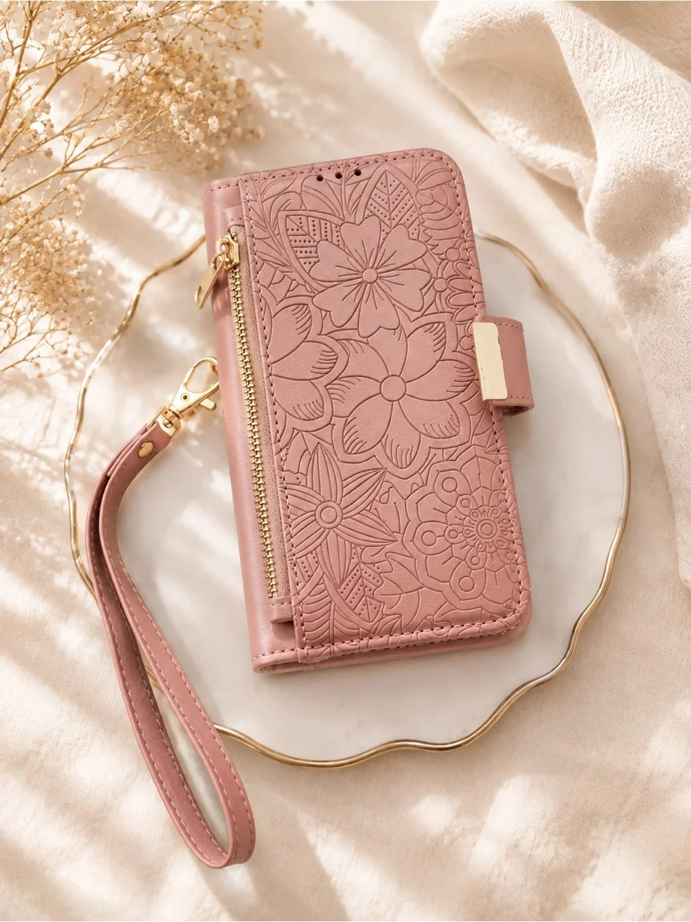 Floral Embossed Pink Wristlet Wallet Phone Case